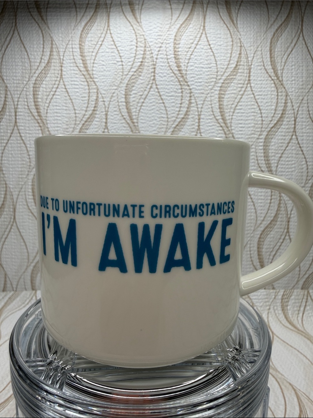 Room Essentials White Ceramic Mug with Blue "I'M AWAKE" Text